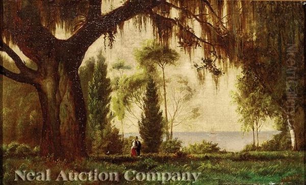 Couple Strolling Under A Live Oak Along The Water's Edge - view 1