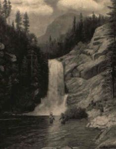 Rock Mountain Scene With Indians By A Waterfall by Henry Howard Bagg
