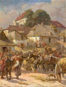 Markttag In Einem Dorf Mit Figurenreicher Szenerie