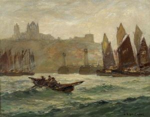 Fishing Boats At The Entrance To Whitby Harbour With The Abbey Beyond by Joseph Richard Bagshaw