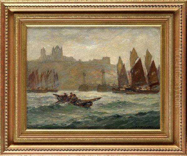Fishing Boats At The Entrance To Whitby Harbour With The Abbey In The Distance - view 1