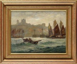 Fishing Boats At The Entrance To Whitby Harbour With The Abbey In The Distance by Joseph Richard Bagshaw
