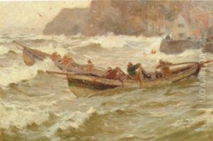 Whitby Cobbles With Figures Leaving Staithes by Joseph Richard Bagshaw