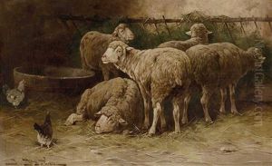 Schafe Und Huhner Im Stall by Jules Bahieu