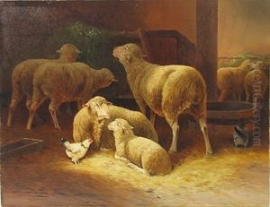 Sheep And Chickens In A Stable