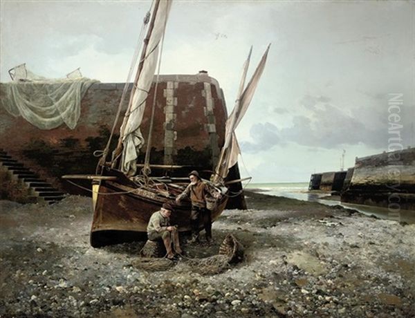 Fishermen Mending Their Nets At Low Tide - view 1
