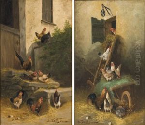 Poules Dans Une Basse-cour (pair) by Jules Bahieu