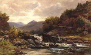 Signed , Oil, Highland River Landscape With Angler Fishing In A Stream, 9 by Douglas Adams