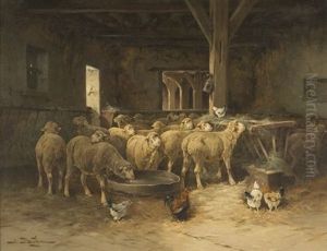 Barn Interior With Sheep And Chickens by Jules Bahieu