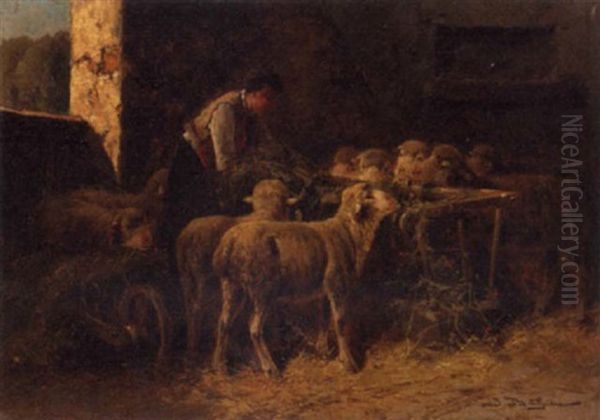 Sheep With A Shepherd In A Barn - view 1