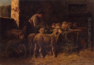 Sheep With A Shepherd In A Barn by Jules Bahieu