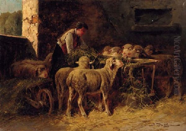 Sheep With A Shepherd In The Barn - view 1