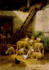Schafe Und Huhner Im Stall by Jules Bahieu