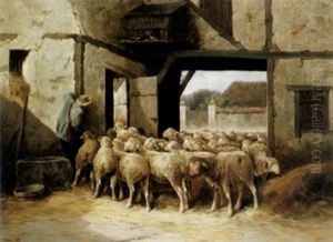 Heimkehrende Schafherde Unter Der Einfahrt Eines Alten Fachwerkhauses by Jules Bahieu