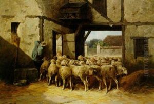A Shepherd And His Flock Returning Home by Jules Bahieu