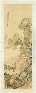 Mountainous Landscape, The Corner Of A Stone Wall Supporting A Finely Detailed Pavilion Behind A Cover Of Mist And A Single Tall Pine Tree by Bai Zongwei