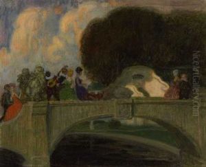 Frohliche Gesellschaft Auf Der Brucke Im Park by Theodor Baierl