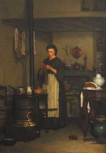 Kitchen Interior With Young Woman Knitting by Antoine Jean Bail