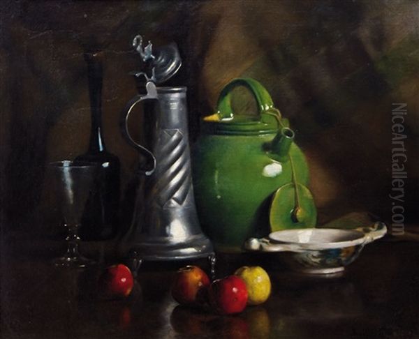 Stilleben Mit Zinnkrug, Langhalsflasche, Glaspokal, Fayencekrug, Schale Mit Apfeln - view 1