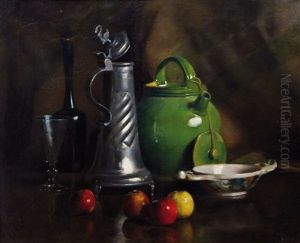Stilleben Mit Zinnkrug, Langhalsflasche, Glaspokal, Fayencekrug, Schale Mit Apfeln