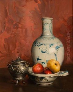 Still Life: Apples In A Porceain Dish, A Blue And White Vase, And A Silver Sugar Bowl