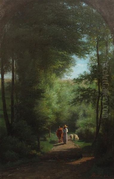 Cow Herd On A Lane In Woodland And Painted With Faux Arch - view 1