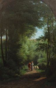 Cow Herd On A Lane In Woodland And Painted With Faux Arch by Joseph Bail