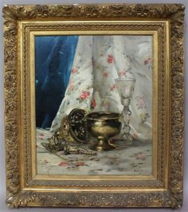 Nature Morte A L'encensoir Et Au Calice De Cristal Sur Fond De Toile Fleurie