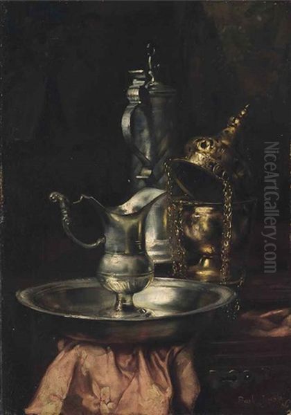 A Silver Jug And Bowl On A Wooden Ledge - view 1