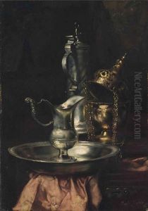 A Silver Jug And Bowl On A Wooden Ledge by Joseph Bail