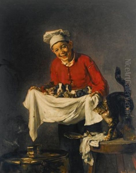 Jeune Commis Avec Chiots Et Chatons - view 1