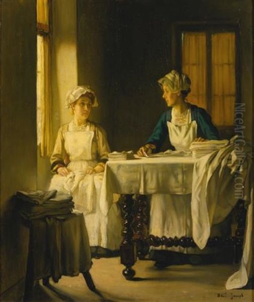 Interior With Two Women Folding Sheets - view 1