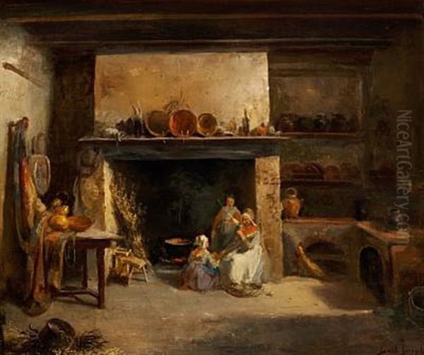 Kitchen Interior With Two Women And Agirl At The Fireplace - view 1
