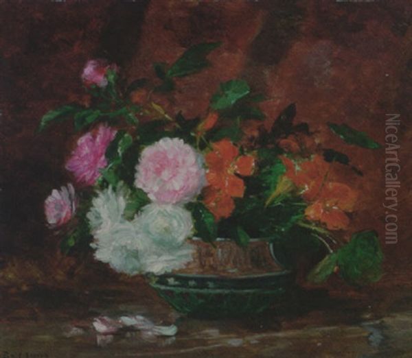 Chrysanthemums And Nasturtiums In A Bowl, On A Table - view 1