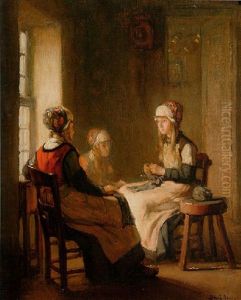An Interior With Marken Girls Knitting by Joseph Bail