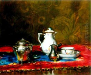 Tea Pot, Glass And Flowers by Joseph Bail