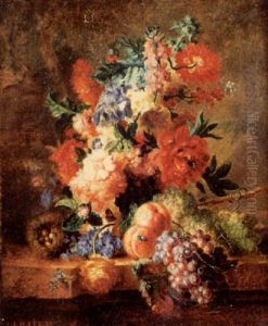 Bouquet De Fleurs, Grappe De Raisins Et Peches