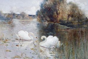 A River Landscape With Swans (+ Another; Pair)