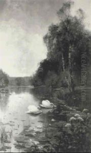 Swans Feeding At A Riverbank by Albert E. Bailey