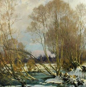 Pollards By A Stream In Winter by Harry William Adams