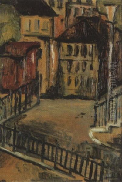 Stadtlandschaft Mit Hausern, Strassenlaterne Und Gitter - view 1
