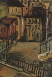 Stadtlandschaft Mit Hausern, Strassenlaterne Und Gitter