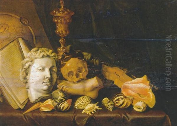 A Vanitas Still Life With A Globe, A Manuscript And Other Objects On A Draped Table By A Curtain - view 1
