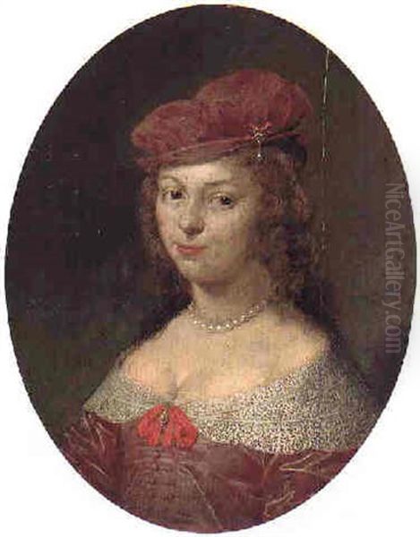 Portrait Of A Lady Wearing A Burgundy Velvet Dress And Cap And Pearl Jewelry - view 1