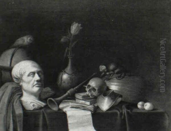 Still Life With A Bust, Books, A Lute, A Horn, A Vase With Flowers, A Skull, A Globe, A Monkey And Owl: A Vanitas by David Bailly