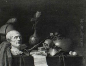 Still Life With A Bust, Books, A Lute, A Horn, A Vase With  Flowers, A Skull, A Globe, A Monkey And Owl: A Vanitas