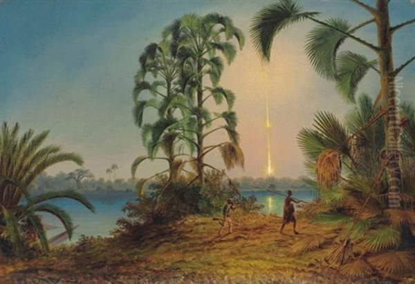 Searching For Hippopotami On An Island In The Zambezi About Two Miles Above The Falls, Young Palms Before The First Leaves Are Shed - And Brilliant Meteor (brilliant Meteor On The Zambezi River - view 1