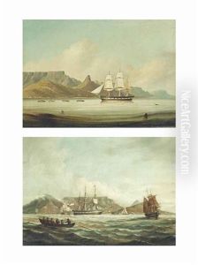 The American Brig Corsica Under Tow In A Flat Calm Entering Table Bay; The American Brig Corsica Lying In Table Bay (2 Works) by John Thomas Baines