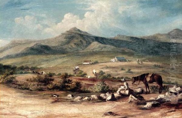 The Artist And His Mount Overlooking A Valley In The Eastern Cape, With A Wagon Train Passing A Farm Below - view 1