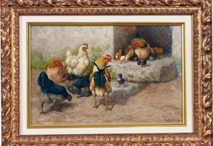 Chicken Feeding Scene (+ Another; Pair)